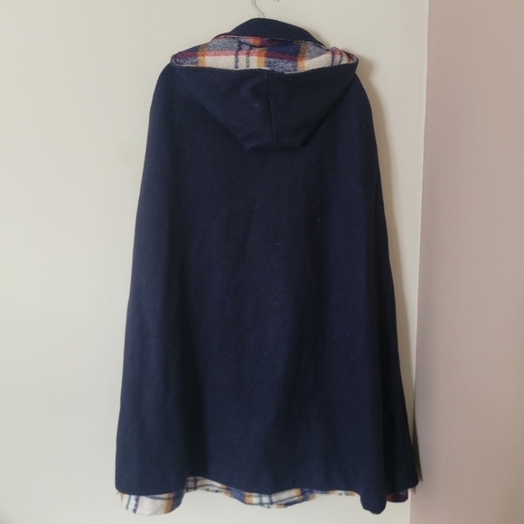 Vintage Navy Long Wool Blend Hooded Cape Coat Cloak with Plaid Blanket Lining - Picture 2 of 10